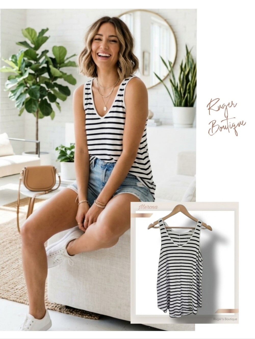 🌿Merona Women's Small Tank Scoop Hem Black White Horizontal Stripe Top